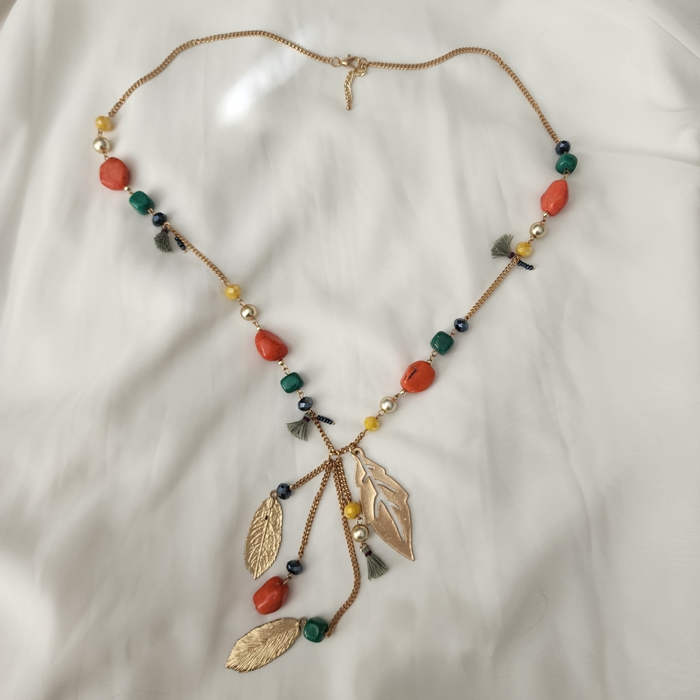 Elegant Gold and Multicolor Beaded Stone & Glass Necklace Boho